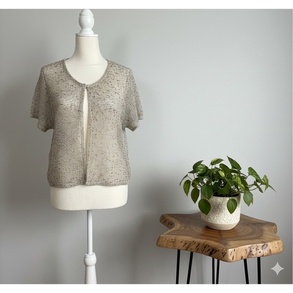 Vintage Brody Myles Beige Knit Crochet Short Sleeve Open Front Cardigan Top XL - Picture 2 of 8